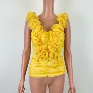 Women's Entry Ruched Gathered Ruffle Strap Ruched Top Blouse Size LG Yellow